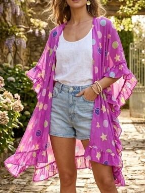 Easel Los Angeles 1X Pink Sheer Kimono Cardigan Stars Smiley Faces NWT Boho